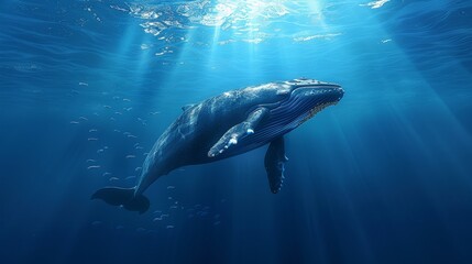 Fototapeta premium A 3D cartoon whale majestically swimming through the deep blue ocean with smaller fish accompanying it 3D cartoon