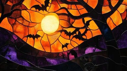 Halloween stained glass background, glowing with shades of orange, black, and purple, featuring spooky imagery.