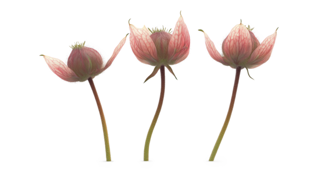 Three pink flowers are shown in a row, with the middle one slightly taller than the other two. The flowers are arranged in a way that creates a sense of balance and harmony