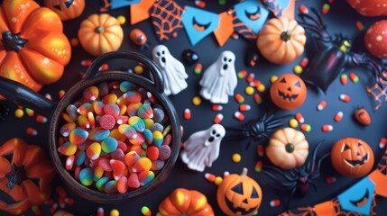 break room decorated with Halloween props, including a cauldron full of candy, spooky banners, and ghostly figures, creating a fun and eerie atmosphere