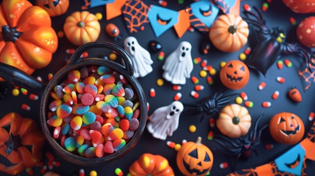 break room decorated with Halloween props, including a cauldron full of candy, spooky banners, and ghostly figures, creating a fun and eerie atmosphere