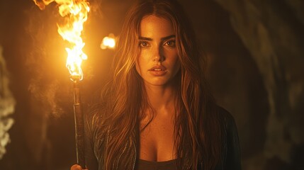 Cinematic shot of a young woman with long brown hair holding a torch in a dark cave, wearing a leather jacket and jeans, illuminated by flame light, evoking a fantasy medieval adventure scene.

