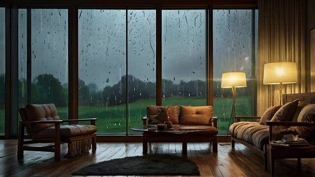 Living room sofa behind the window during the rain. Seamless 4K looping timelapse video animation background