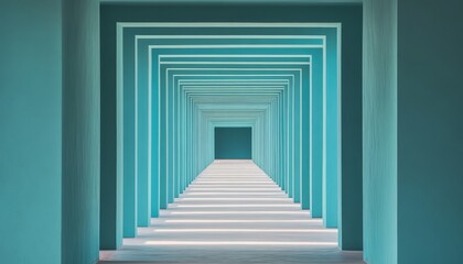 Abstract Architectural Corridor with Teal Walls and Geometric Pattern