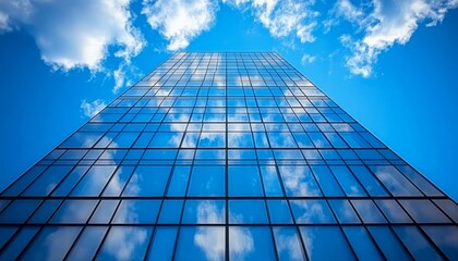 Fototapeta premium Glass Facade of a Modern Skyscraper Reflecting Blue Sky and Clouds