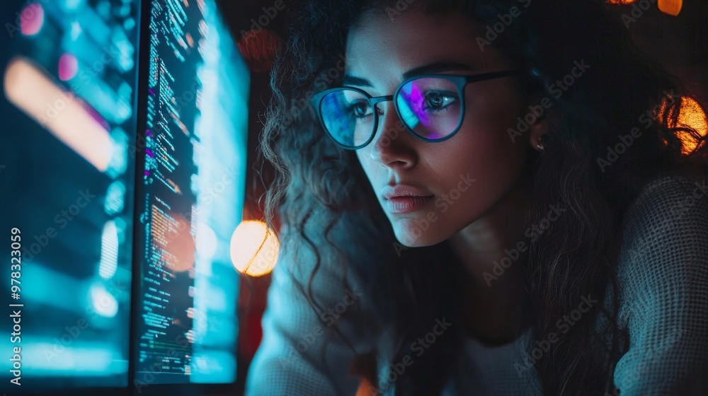 Poster focused woman with glasses coding on computer screen