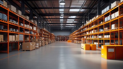 Warehouse interior with shelves and boxes.