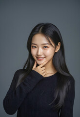 Fototapeta premium photography of beautiful female model with long black hair, wearing a black sweater. Generative AI