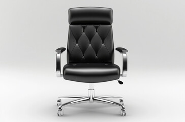Fototapeta premium front view of the office chair has leather seat and backrest with chrome accents on the arm rest 