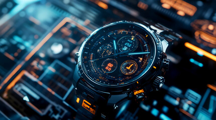 wristwatch with a numberless dial, surrounded by a digital interface in a high-tech environment