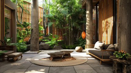 Obraz premium Open-air living spaces with bamboo furniture, natural stone, and lush indoor plants, blending modern comforts with nature-inspired design. Tropical Bali Retreat interior design 