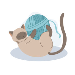 Playful Kitten with Yarn Ball. Kawaii Cat Playing with Yarn in Fun Cartoon Style