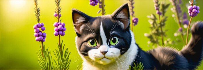 Obraz premium banner illustration of a black and white cat next to lilac flowers. walking pets. allergic reactions. Veterinary medicine