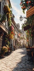 3. **A quaint European village street with cobblestone pathways, charming cafes, and colorful flower boxes.