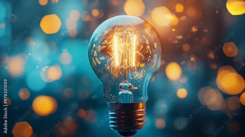 Poster illuminated light bulb glowing with abstract bokeh background