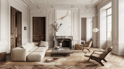 Sophisticated spaces with classic Parisian details like herringbone wood floors, ornate moldings, marble fireplaces, and a mix of vintage and modern furniture. Parisian Chic living room interior 
