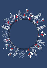 Vector illustration. Merry Christmas and Happy New Year floral background, copy space for your text. Rustic template for Christmas cards, wedding invitations, party invitation. Hand drawn sketch.