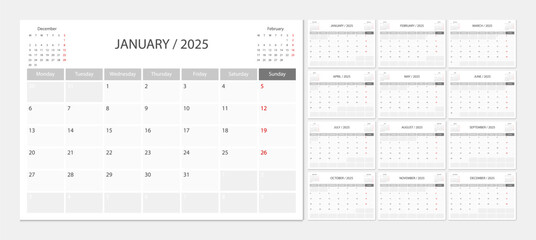 Calendar 2025 week start Monday corporate design planner template. Calendar planner 2025.