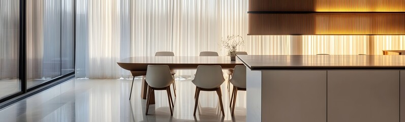 Fototapeta premium 50. **A contemporary dining area with a sleek table, modern chairs, and a clear, light backdrop.