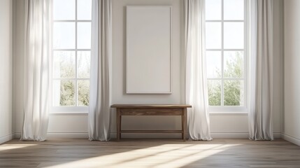 Fototapeta premium vertical frame mockup in empty room with table between white curtained windows, empty room design with wooden floor, 3d render, 3d illustration