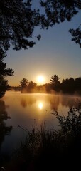Obraz premium 1. **A serene sunrise over a tranquil lake, with mist rising from the water and a silhouette of trees along the shore.