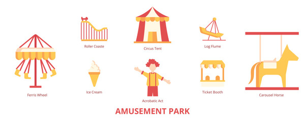 Amusement Park Flat Banner Web Icon Set Vector Illustration, Roller Coaster Ferris Wheel Carousel Horse Ticket Booth Ice Cream Circus Tent Acrobatic Act Log Flume