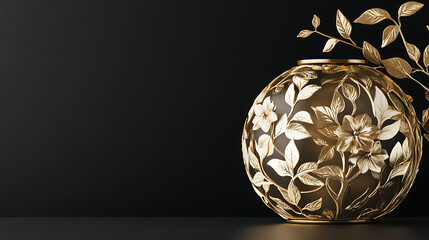 A golden vase with a floral design sits on a black table against a black background.