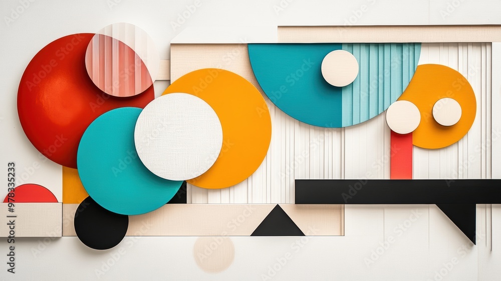 Poster abstract artwork depicting a dynamic arrangement of circles, squares, and triangles, creating a sens