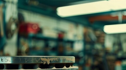 Obraz premium Close-up of worn brake disc with visible rust, indicating defect in vehicle maintenance, set in mechanic's workshop environment.