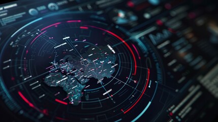 Futuristic digital interface with real-time crime prediction data, map highlighting high-risk areas and crime trends, clean dark background emphasizing advanced technology.