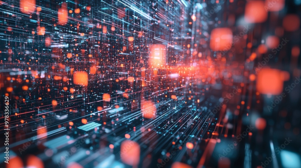 Aufkleber abstract digital grid with glowing red and blue data blocks