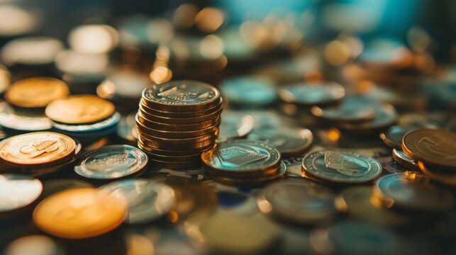 Stack of coins in a dimly lit room with scattered currency