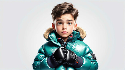 Boy wearing puffer jacket and gloves on plain white background