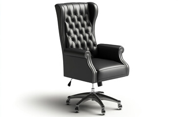 high back executive office chair with armrests, leather and chrome frame on white background