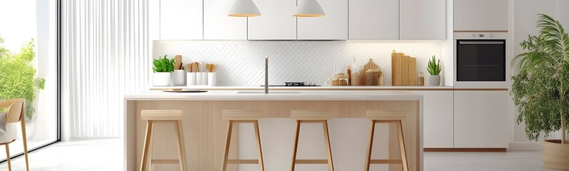 Obraz premium 40. **A bright and airy kitchen with a sleek island, modern fixtures, and a clean, neutral background.