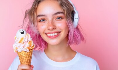 A smiling young woman, bright pink mixed with dark grey hair, holding Halloween, ice cream, ghost topping, 