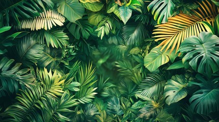 Tropical garden scene with exotic animals concealed in green and gold foliage Central blank space for text Thaistyle botanical illustration, fine details, clear edge lines