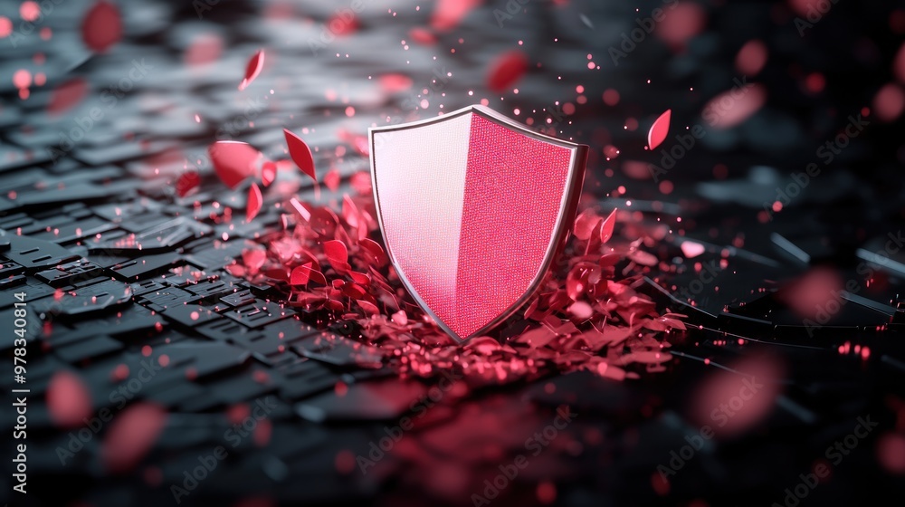 Poster a digital shield protecting a computer from cyberattacks, showcasing security measures like firewall