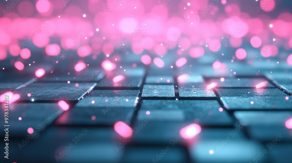 Poster a digital illustration featuring a grid of glowing pixels, creating a sense of digital space.