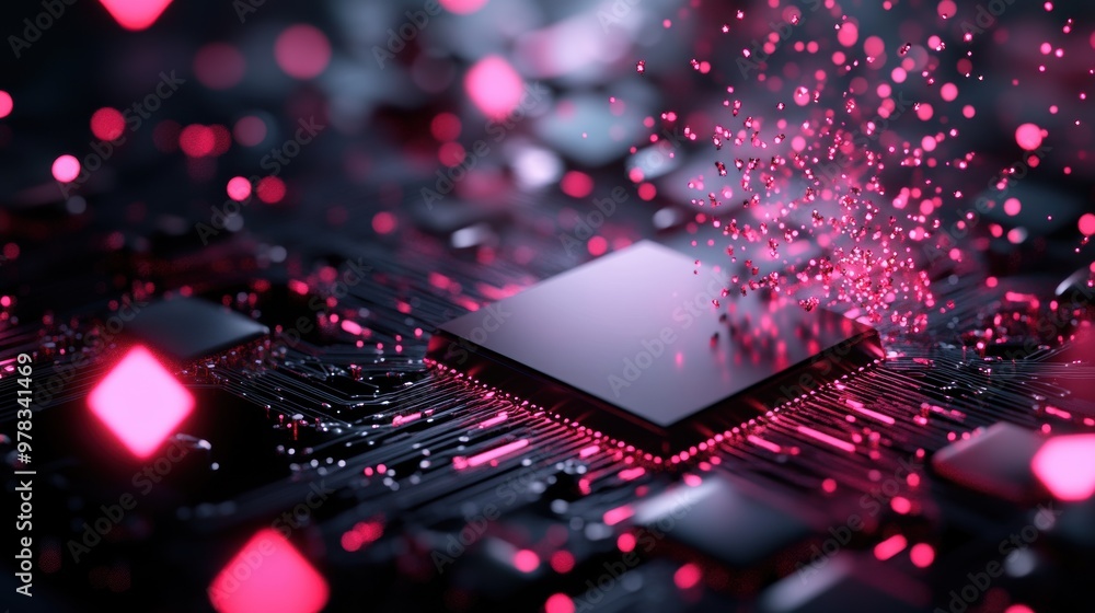 Poster an abstract visual of a quantum computer, showcasing the potential of future computing technologies.