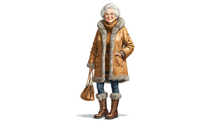 grandmother wearing furlined jacket and boots on plain white background