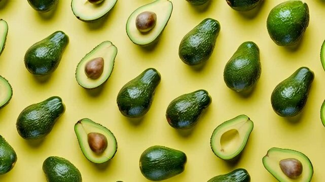 Avocado pattern on a yellow background, flat lay.
