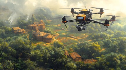 Naklejka premium Aerial Drone Monitoring Sustainable Biodynamic Farm Amidst Lush Vegetation and Rustic Structures