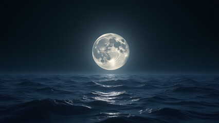 gleaming full moon with every crater and texture meticulously rendered hangs low in a serene night sky its silvery light dancing across undulating waves that stretch towards the horizon