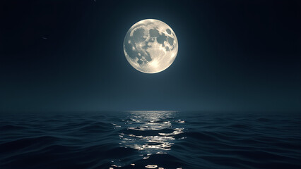 gleaming full moon with every crater and texture meticulously rendered hangs low in a serene night sky its silvery light dancing across undulating waves that stretch towards the horizon