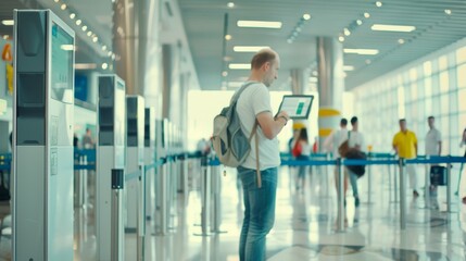 Obraz premium Border control officer scanning passport with electronic reader at airport security checkpoint. Traveler waiting nervously. Modern terminal interior showcases high-tech security procedures and interna