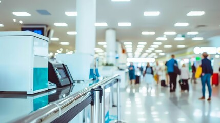 Border control officer scanning passport with electronic reader at airport security checkpoint. Traveler waiting nervously. Modern terminal interior showcases high-tech security procedures and interna