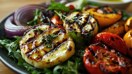A grilled halloumi cheese salad, featuring grilled vegetables, fresh greens, and a drizzle of olive oil and lemon.