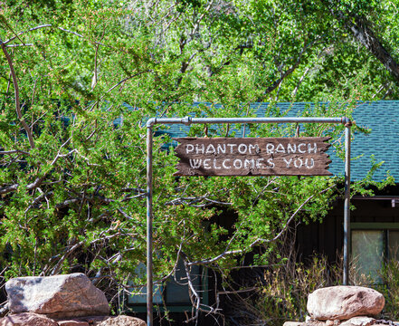 Welcome Sign at the Mule Corral, Phantom Ranch, Grand Canyon National Park, Arizona, USA