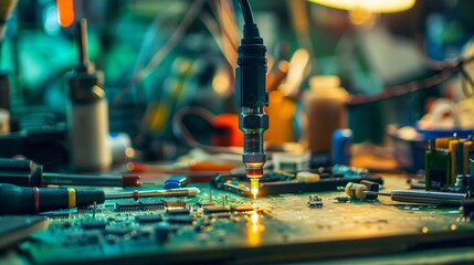 Close-up of professional soldering iron and electronic components on workbench, glowing ready for use, circuit boards in background, technical repair and electronics assembly concept.